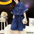 【MsMore】大碼韓國牛仔短袖慵懶洋氣減齡翻領寬鬆連身裙短版洋裝#121225(藍)