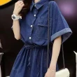 【MsMore】大碼韓國牛仔短袖慵懶洋氣減齡翻領寬鬆連身裙短版洋裝#121225(藍)