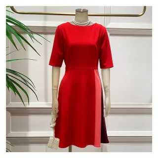【EPISODE】清新拼色收腰傘裙擺短袖雪紡洋裝142712（紅）