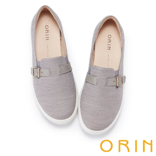 【ORIN】條紋布拼接牛皮側釦飾厚底休閒鞋(灰色)