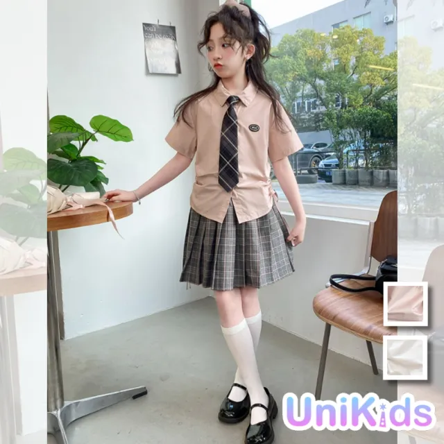 【UniKids】中大童裝2件套短袖襯衫格紋百褶短裙 JK學院風 女大童裝 CVRR2418(粉紅 白)