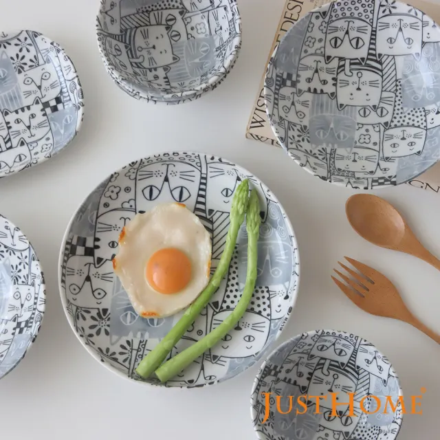 【Just Home】日本製滿版貓咪世界陶瓷碗盤餐具10件組-2款可選(日本製 碗 盤 餐具)