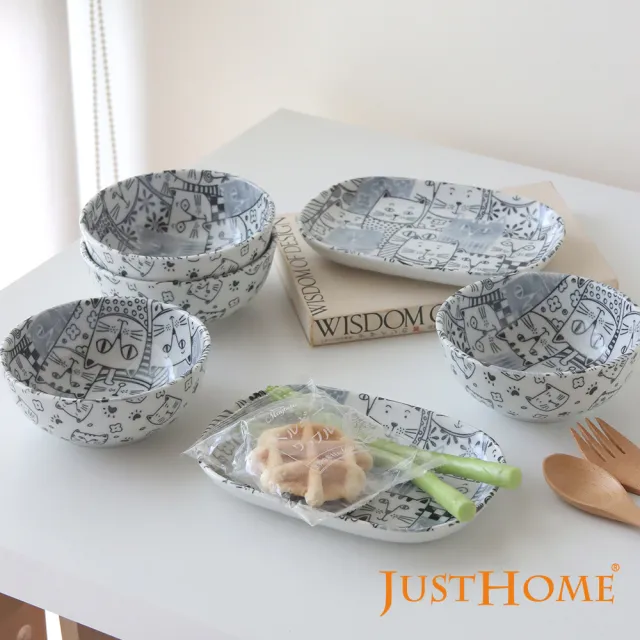 【Just Home】日本製滿版貓咪世界陶瓷碗盤餐具6件組-2款可選(日本製 碗 盤 餐具)