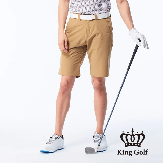 KING GOLF 網路獨賣款-實體同步款-男款LOGO印花口袋夾標彈性短褲/高爾夫球褲(卡其)