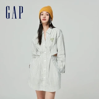 【GAP】女裝 Logo純棉印花翻領長袖洋裝-白色條紋(876122)