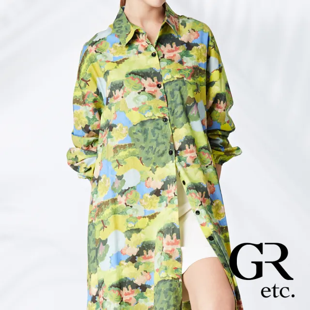 【GLORY21】品牌魅力款-etc.繽紛滿版花卉開襟翻領長洋裝(綠色)