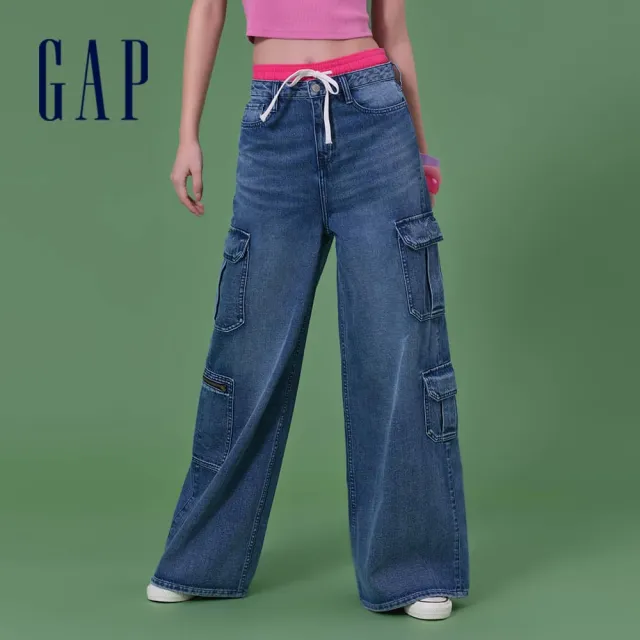 【GAP】女裝 Logo純棉工裝牛仔寬褲-藍色(873049)
