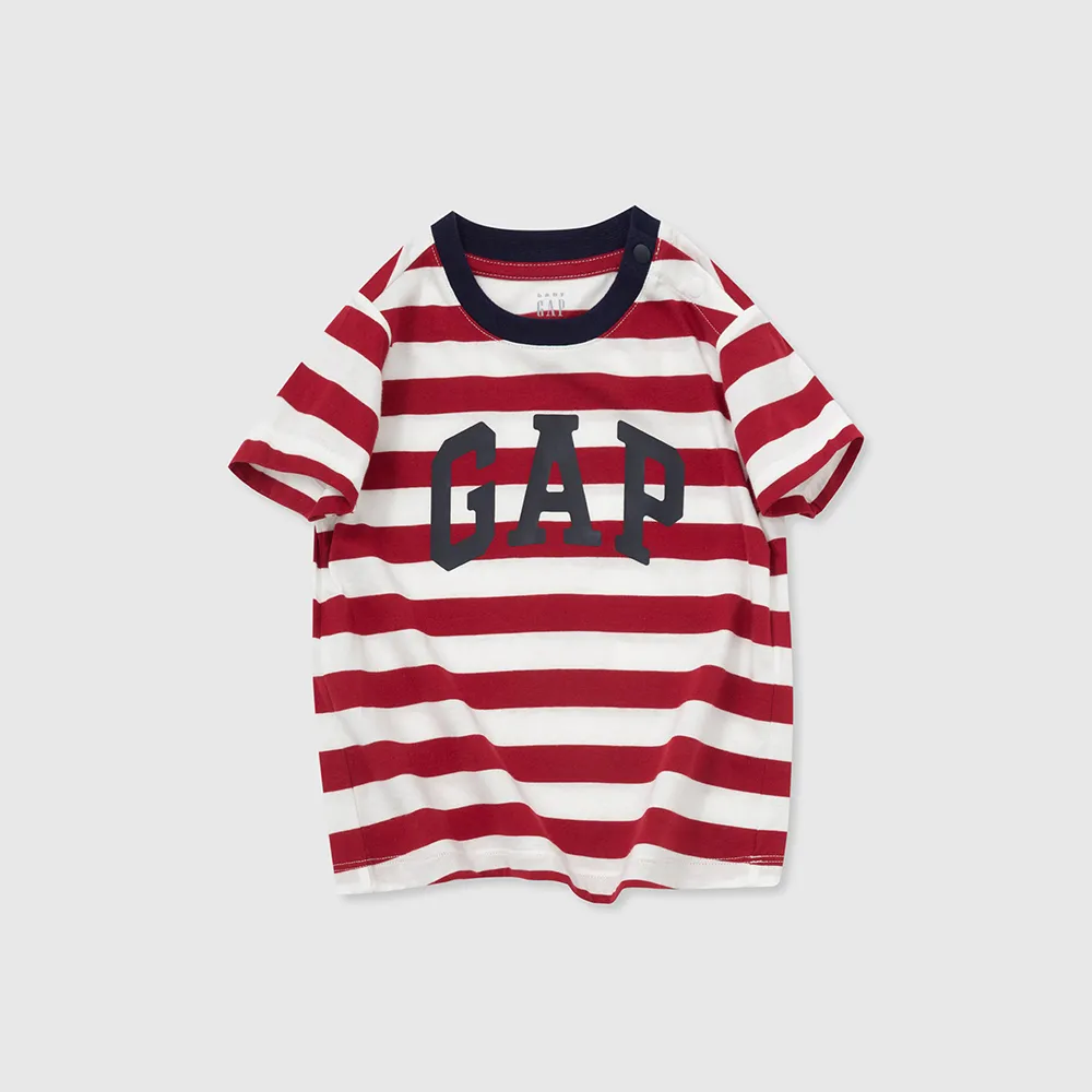 【GAP】男幼童裝 Logo純棉圓領短袖T恤-紅白條紋(890229)