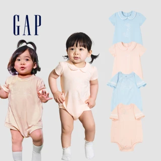 【GAP】嬰兒裝 Logo純棉小熊印花圓領短袖包屁衣-藍色(890357)