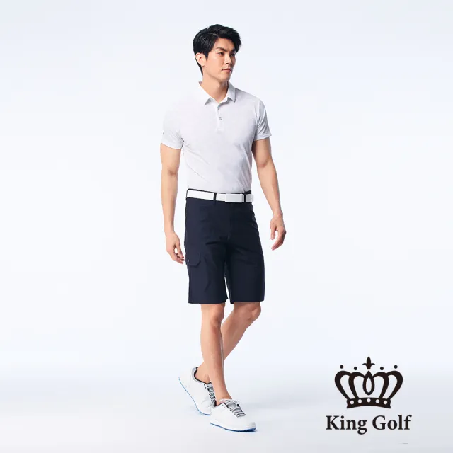 【KING GOLF】實體同步款-男款LOGO印花側袋彈性短褲/高爾夫球褲(藍色)