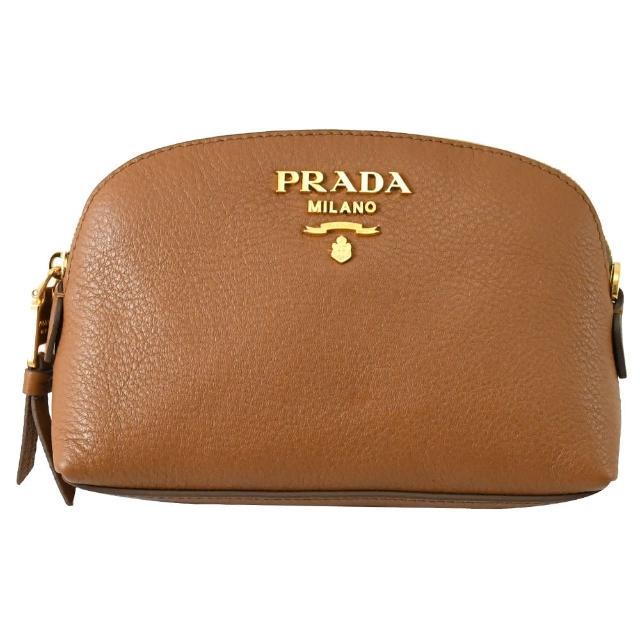 【PRADA 普拉達】經典浮雕OGO小牛皮貝殼造型化妝包萬用包(棕)
