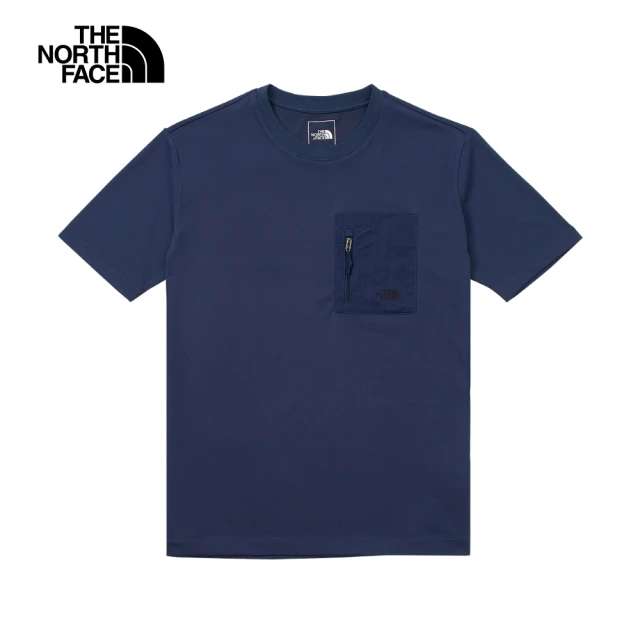 The North Face 官方旗艦 北面男款藍色拉鍊胸袋舒適短袖T恤｜87V78K2(上衣/LOGO)