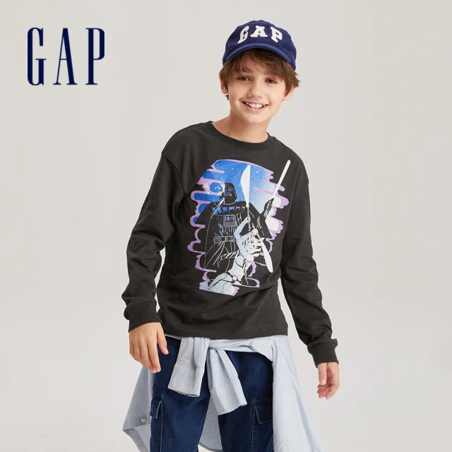 【GAP】男童裝 Gap x Star Wars星際大戰聯名 純棉印花圓領長袖T恤-黑色(735940)