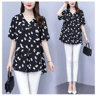 【ALLK 歐楷】滿額再折 長版印花襯衫上衣 黑色(尺寸L-XXL/中大尺碼/涼爽/透氣)