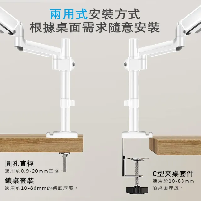 【Ermutek 二木科技】鋁合金立柱式桌上型17-32吋氣壓式電腦螢幕支架_單(夾鎖桌兩用固定/白色)