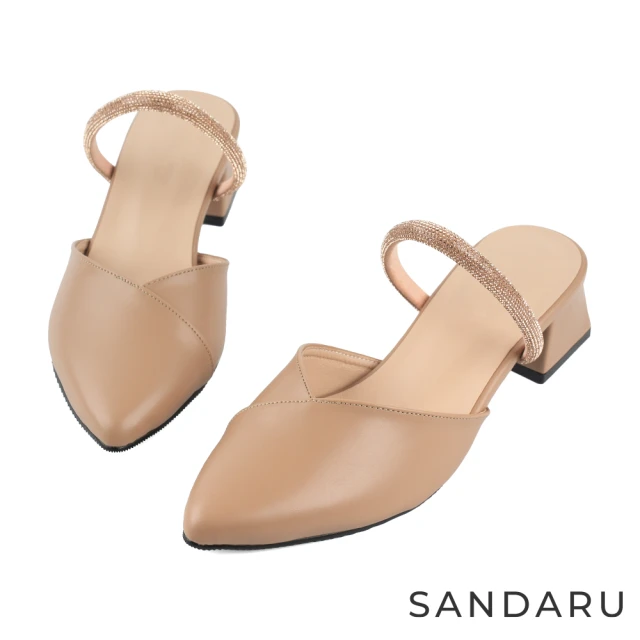 SANDARU 山打努 穆勒鞋 尖頭壓褶水鑽線條低跟拖鞋(可