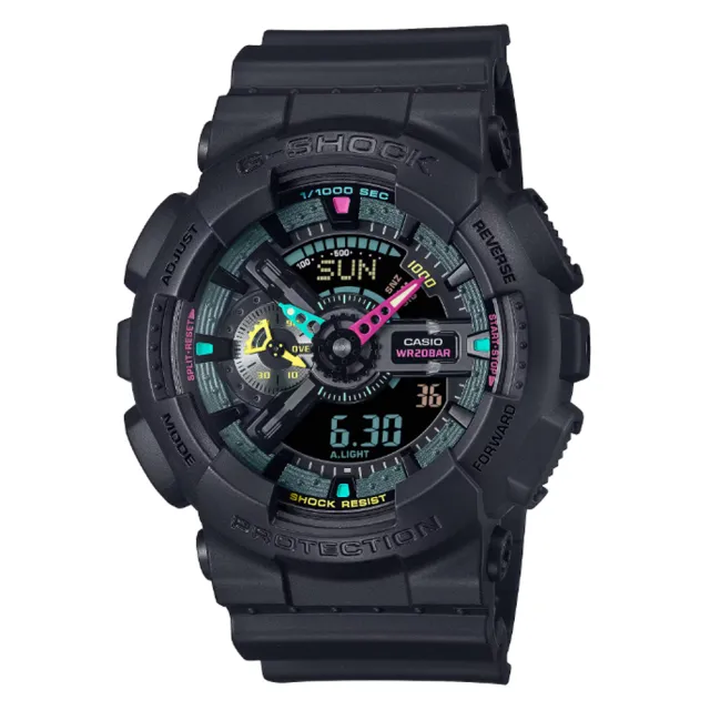 【CASIO 卡西歐】G-SHOCK 酷炫霧面黑 螢光色點綴 大錶殼雙顯錶(GA-110MF-1A 防水200米)