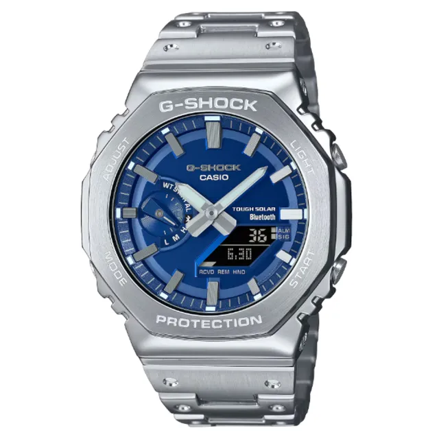 【CASIO 卡西歐】G-SHOCK 鮮豔藍 太陽能智慧藍芽 全金屬八角形雙顯錶(GM-B2100AD-2A 防水200米)