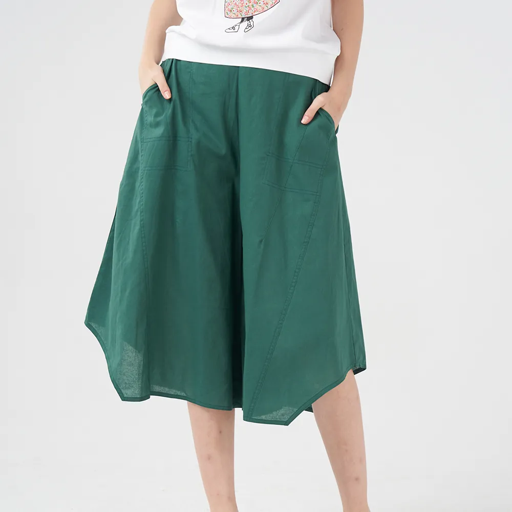 【Qiruo 奇若名品】春夏專櫃綠色寬鬆褲裙3022C 棉麻休閒感(寬鬆褲設計款綠色)