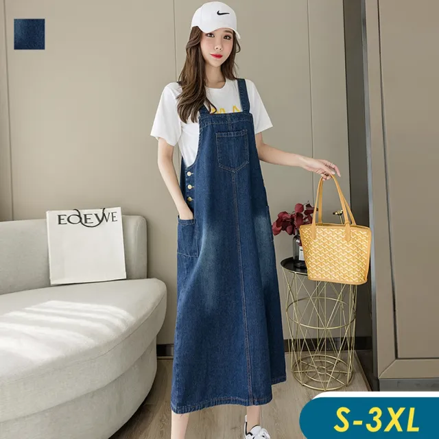 【CHACO】/現+預購/女 深藍色寬鬆簡約刷白吊帶牛仔長版連身裙#3665(吊帶 牛仔 連身裙 背心裙 女 春夏秋冬)