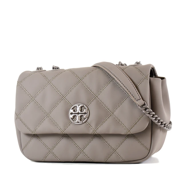 TORY BURCH WILLA 灰LOGO菱格翻蓋肩背/斜背二用包-霧色/小