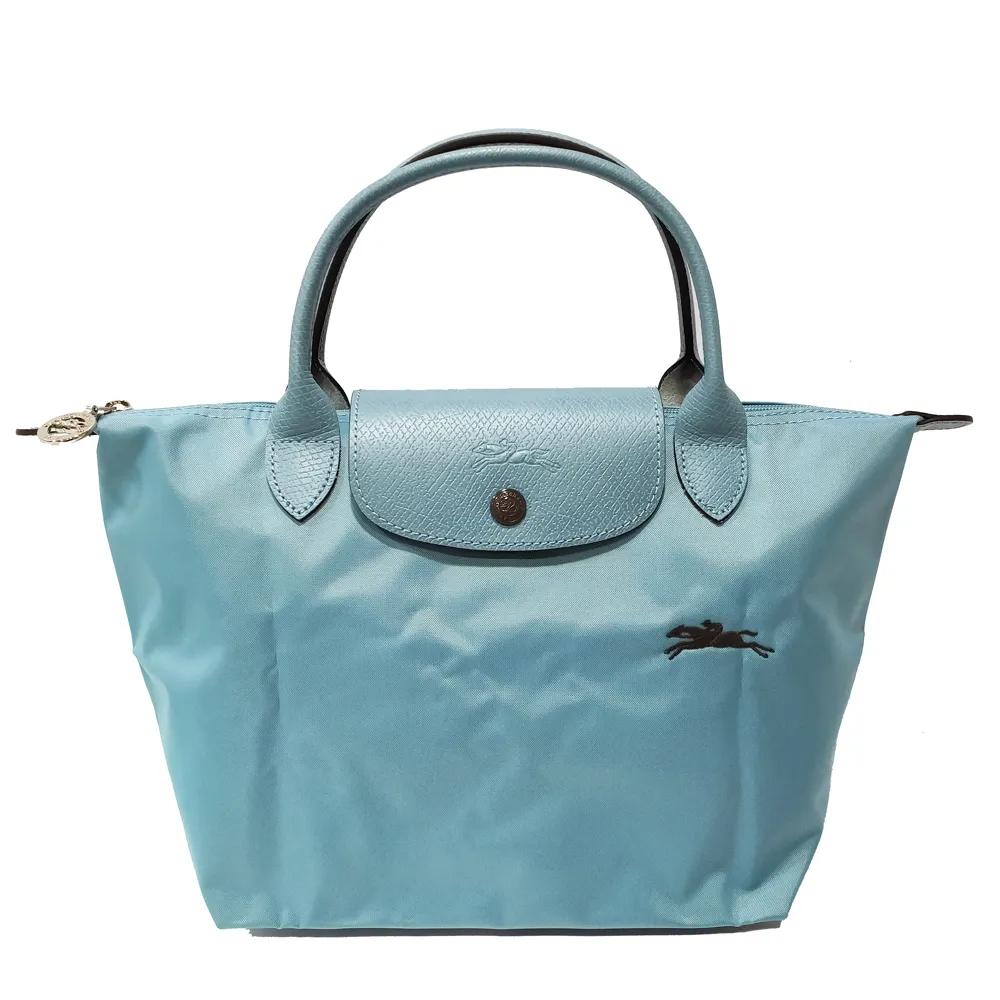 【LONGCHAMP】L1621619329  LE PLIAGE CLUB 短把摺疊手提刺繡水餃包 S號(水藍色)