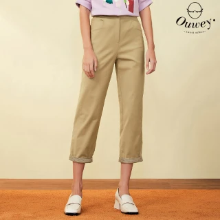 【OUWEY 歐薇】簡約率性單釦造型多切線棉質直筒褲(卡其色；S-L；3223026416)
