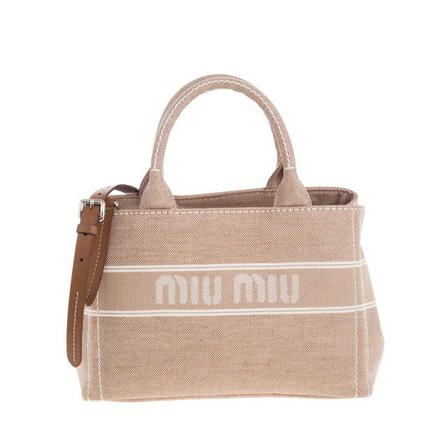 MIU MIU 新款雙色帆布織花標誌中款手提/肩背包(粉膚色