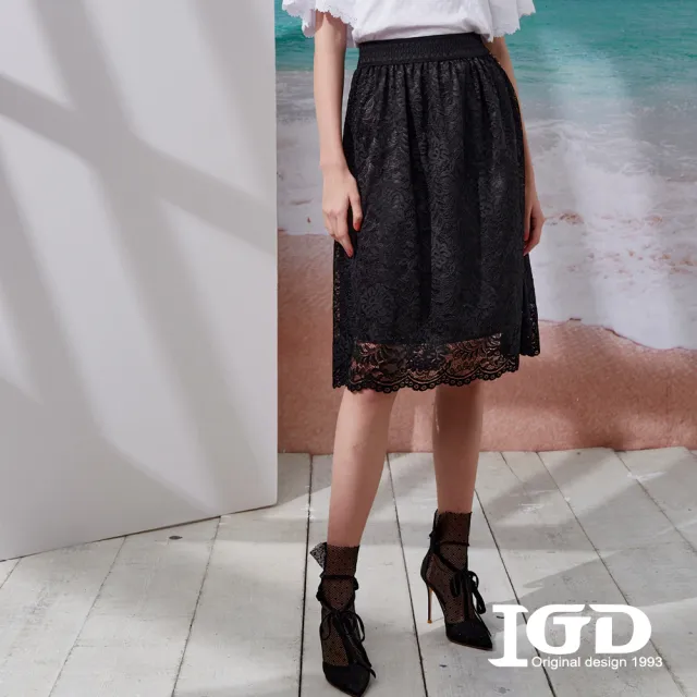 【IGD 英格麗】網路獨賣款-優雅蕾絲文字織帶造型裙(黑色)