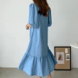 【MsMore】韓國chic復古V領單排扣寬鬆休閒荷葉邊短袖牛仔連身裙洋裝#121348(藍/深藍)