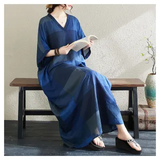 【ACheter】藍釉花色度假風旅遊V領短袖復古長裙遮肉棉麻連身裙洋裝#121353(藍)