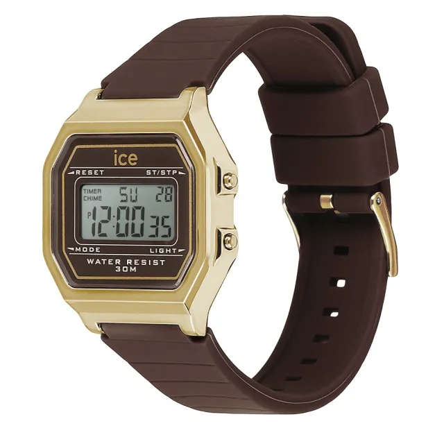 【Ice-Watch】ICE DIGIT RETRO系列 復古金框矽膠電子錶 32mm(咖啡色)