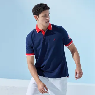 【NAUTICA】男裝 吸濕排汗跳色條紋短袖POLO衫(深藍)