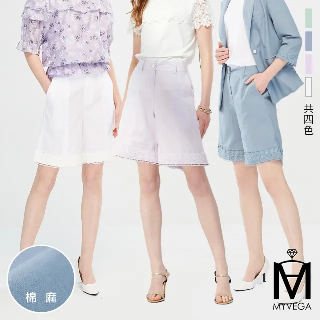【MYVEGA 麥雪爾】MA涼感亞麻棉拼接蕾絲套裝五分褲-共四色(西裝套裝/涼感/套裝/棉麻)