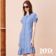 【IGD 英格麗】網路獨賣款-氣質鏤空刺繡荷葉排釦洋裝(藍色)