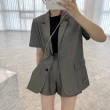 【MsMore】韓國chic百搭短袖西裝帥氣外套+短褲2件式套裝#121344(黑/灰/卡其/杏)