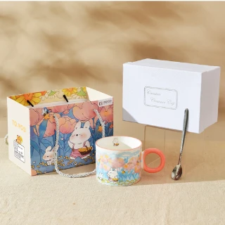 【陶藝品】高顏質兔子花園馬克杯-禮盒裝附勺(咖啡隨行杯 茶杯 午茶杯 飲料杯 生日 交換禮物 送禮自用)
