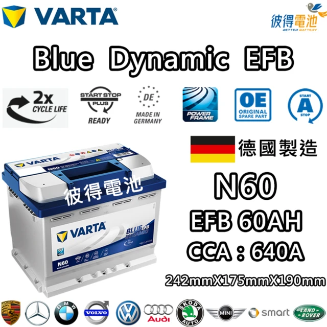 VARTA 華達 N60 EFB 60AH LN2汽車電瓶 