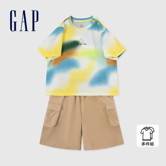 【GAP】男幼童裝 Logo純棉小熊印花短袖短褲家居套裝-黃白拼色(890257)