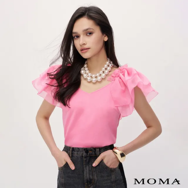 【MOMA】甜粉鑽石領拼接泡袖上衣(桃紅色)