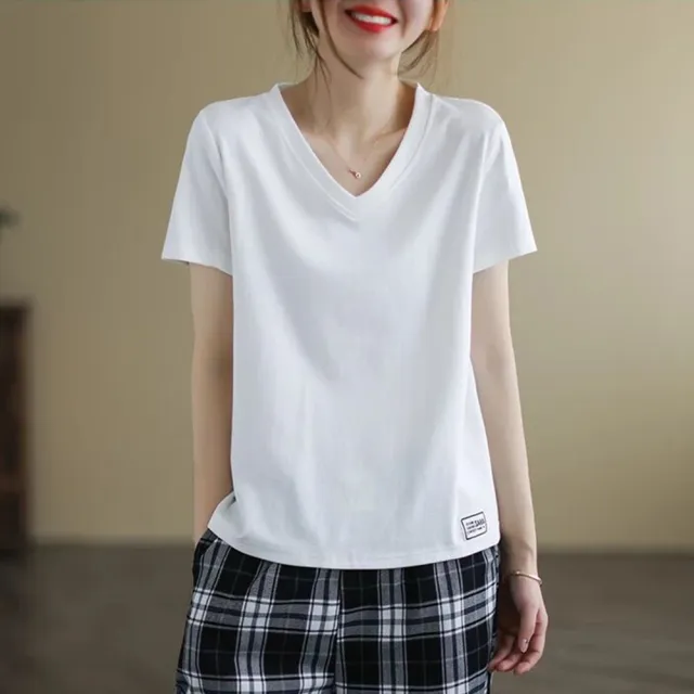 【初色】日系簡約文青風素色V領短袖T恤上衣女上衣-共6色-33563(M-4XL可選)