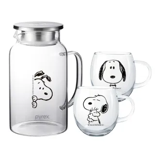 【康寧 PYREX】1壺2杯 SNOOPY黑白復刻耐熱玻璃壺1450ml+玻璃杯300ml(任選)