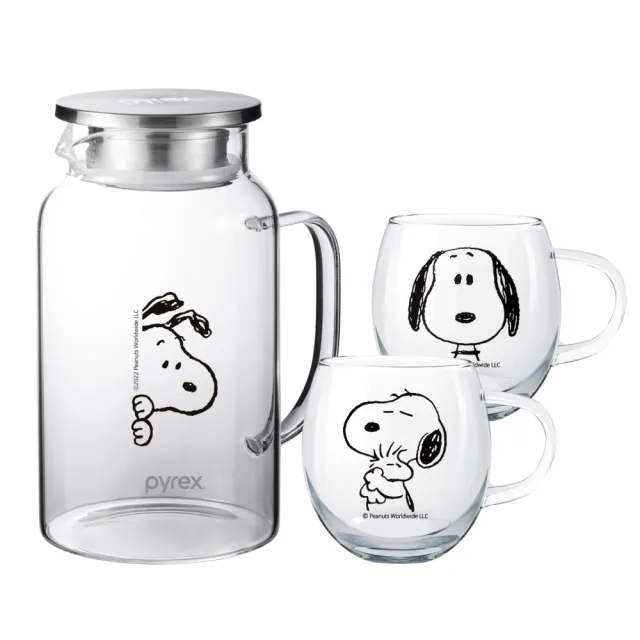 【康寧 PYREX】1壺2杯 SNOOPY黑白復刻耐熱玻璃壺1450ml+玻璃杯300ml(任選)