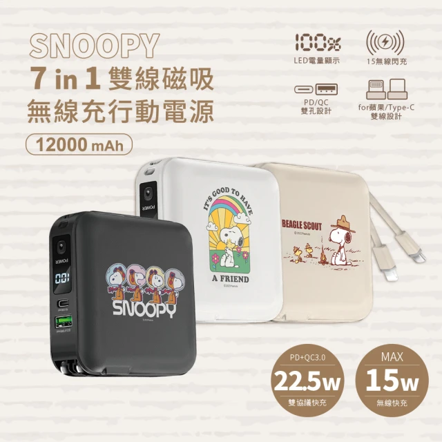 【SNOOPY 史努比】ZJ-51 12000mAh 22.5W 七合一磁吸無線充電行動電源(自帶線/Magsafe/快充/手機支架)