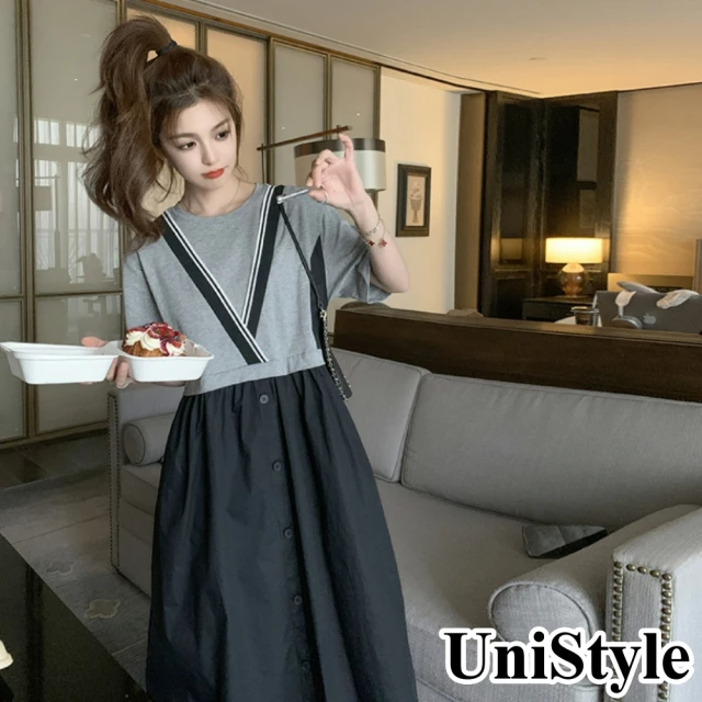 【UniStyle】撞色短袖洋裝 韓系假兩件拼接連身裙 女 ZM177-2363(灰)