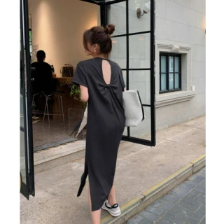 【UniStyle】露背短袖洋裝 韓系純色開叉連身裙 女 ZMC033-Q453(黑)