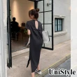 【UniStyle】露背短袖洋裝 韓系純色開叉連身裙 女 ZMC033-Q453(黑)