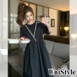 【UniStyle】撞色短袖洋裝 韓系假兩件拼接連身裙 女 ZM177-2363(黑)