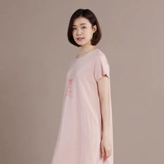 【YVONNE 以旺傢飾】乳木果巴黎鐵塔印花短袖洋裝(粉橘)