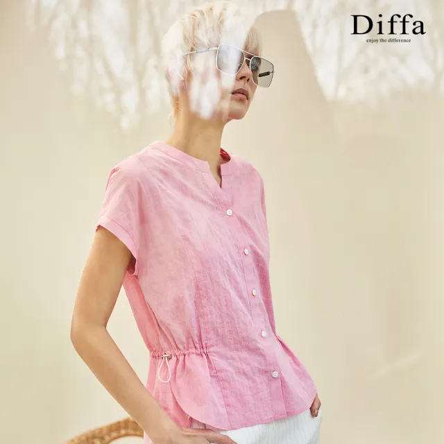 【Diffa】粉細格抽繩設計上衣-女